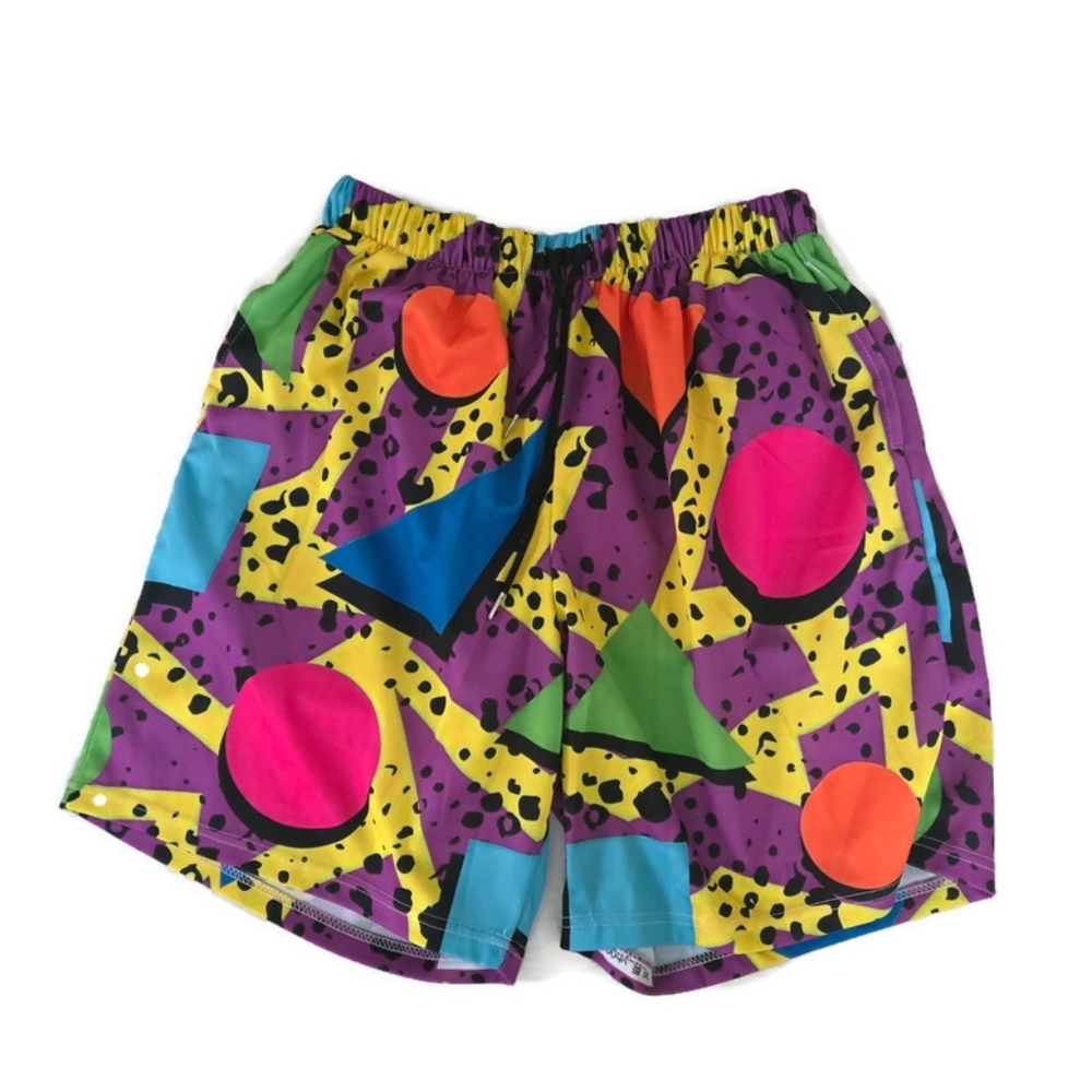 80's Swim Trunks Iconic Retro Geometric Pattern Mesh liner Pockets